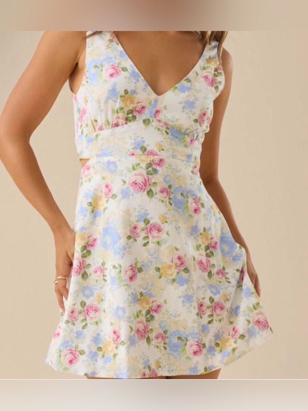 Altar’d State Floral V-Neck Sundress in White with Pastel Roses
